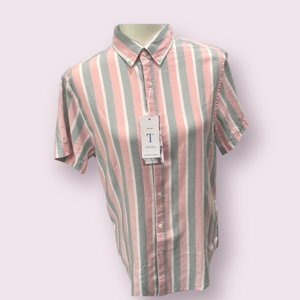 DENIM & FLOWER Short Sleeve Button Down Shirt Pink White,greyStriped SMALL NEW